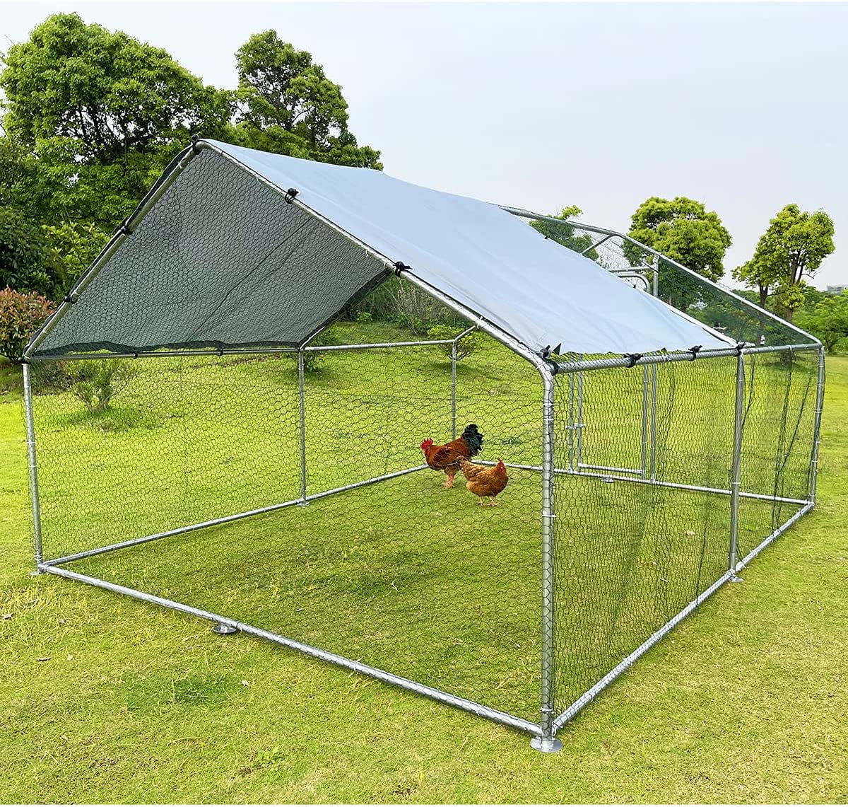 GeeLoon Extra Large Chicken Coop 10 x 13 ft Metal Walk-in Chicken Run Pen Silver