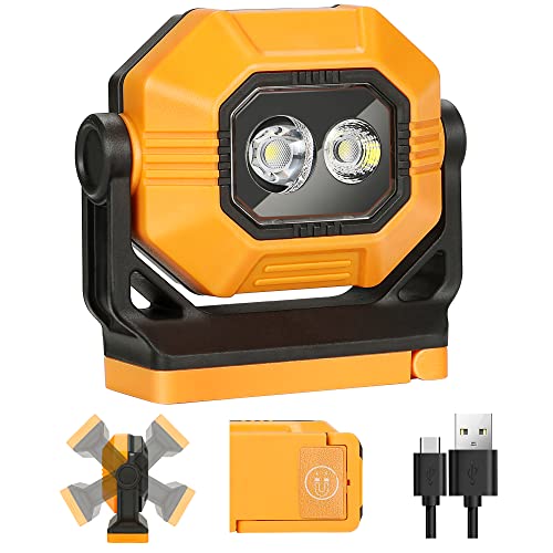 LED Rechargeable Work Light, 1500LM Portable COB Magnetic Lights with 3 Modes & 360°Rotatable, IPX4 Waterproof Worklight for Car Repairing, Job Site Lighting, Emergency (2 PCS)