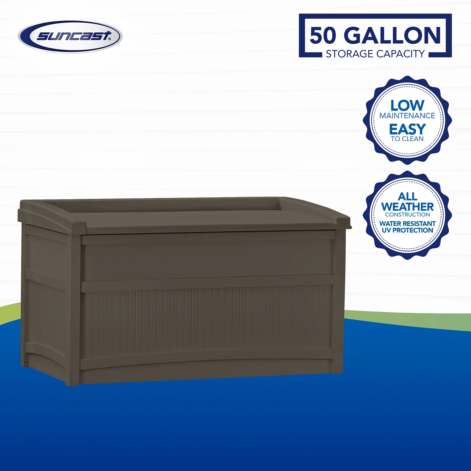 Suncast 50 gal Outdoor Deck Storage Box, Resin, with Seat, Java Brown, 21 in D x 41 in H x 23.25 in W, 28 lb