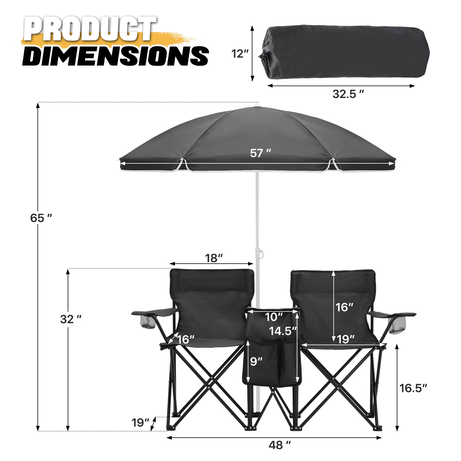 MoNiBloom Portable Double Folding Chair with Removable Umbrella, Cooler Bag & Carry Bag, for Beach Camping Picnic, Black