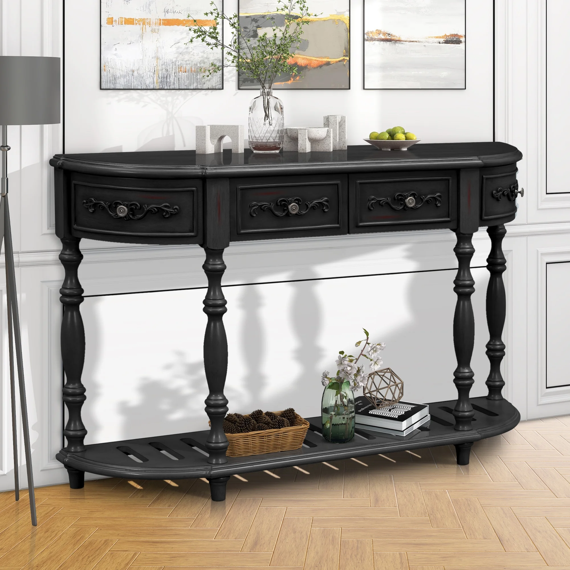 Black Console Table with 4 Drawers, Atumon Sofa Side Table, Vintage Curved Entryway Table, Wood Console Table Furniture, Sideboard Buffet, Modern Console Table for Living Room Entryway Hallway