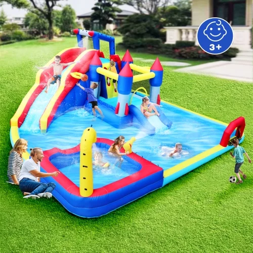 10 in1 Inflatable slide water park bouncing house garden with splash pool & water gun & basketball & climbing wall & dual pools & soccer