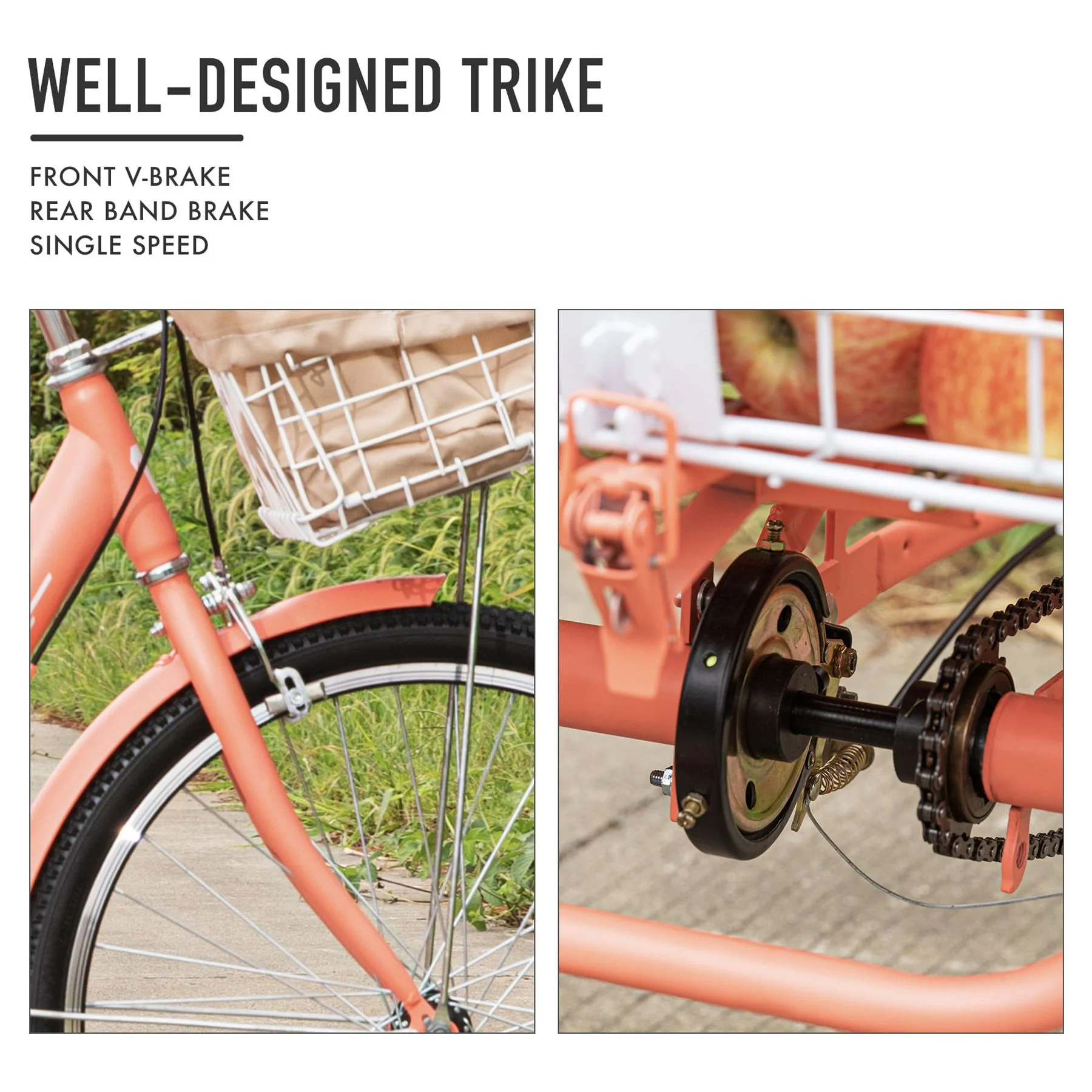 Viribus 24 Inch Single Speed Adult Tricycle ,3 Wheels Cruiser Bike w Removable Wheeled Basket, Lights & Bell for Cycling Shopping Picnic for Men & Women, Pink