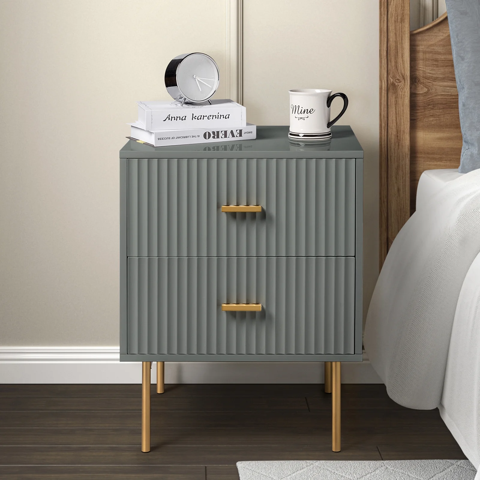 Heavy-duty Wood 2 Drawer Storage Nightstand Chest Cabinet Metal Legs Assembly Home Bedroom Grey