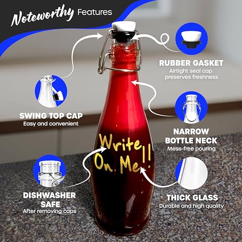 Nevlers 12 Pack 17 oz Glass Bottle Set with Airtight Swing Top Stoppers | Home Brewing Bottles for Kombucha - Beer - Water Kefir - Limoncello | Swing Top Glass Bottles Includes Brush, Funnel & Marker