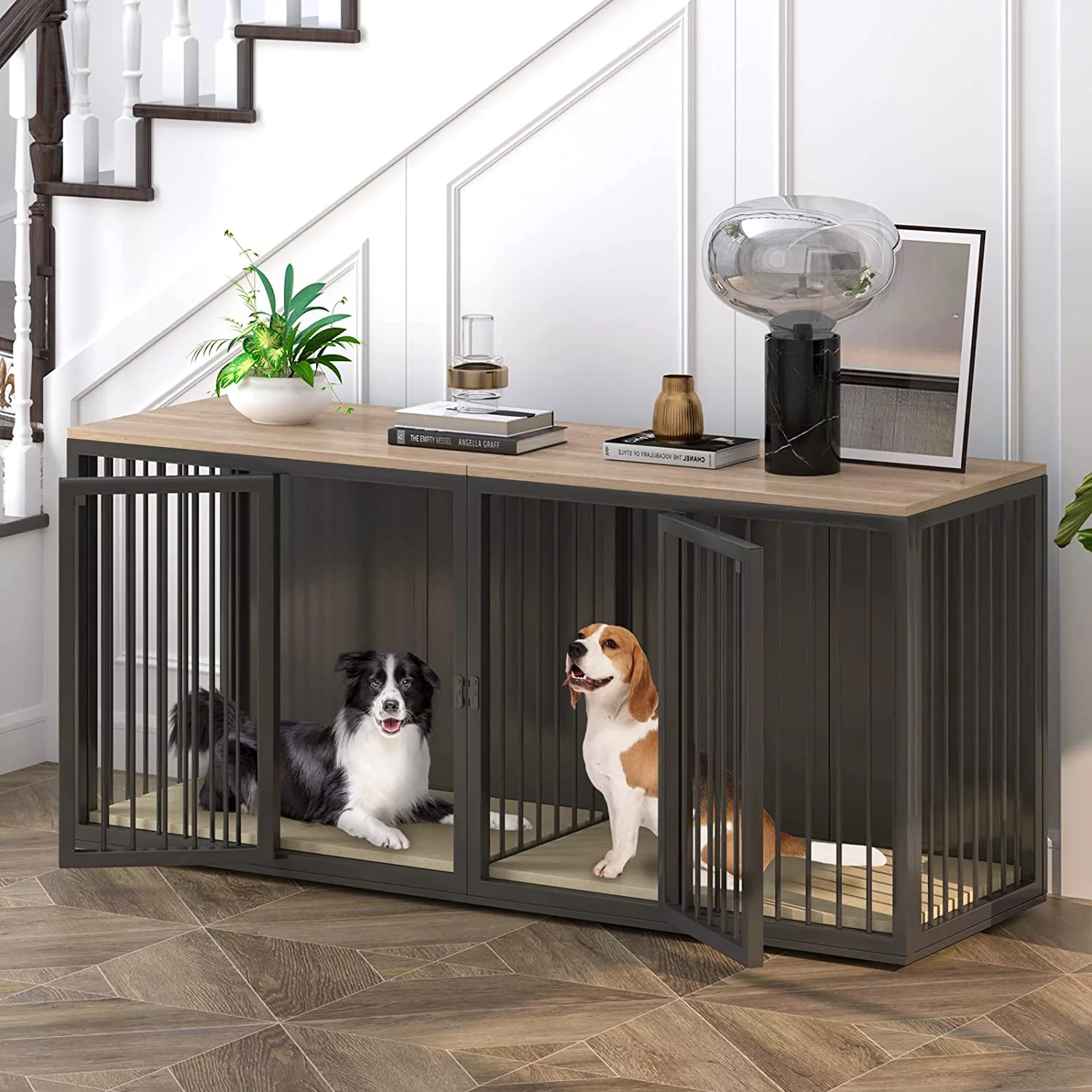 Cuoote Dog Crate Furniture for 2 Dogs, Large Kennel Furniture with Partition and Double Cage, 71.6