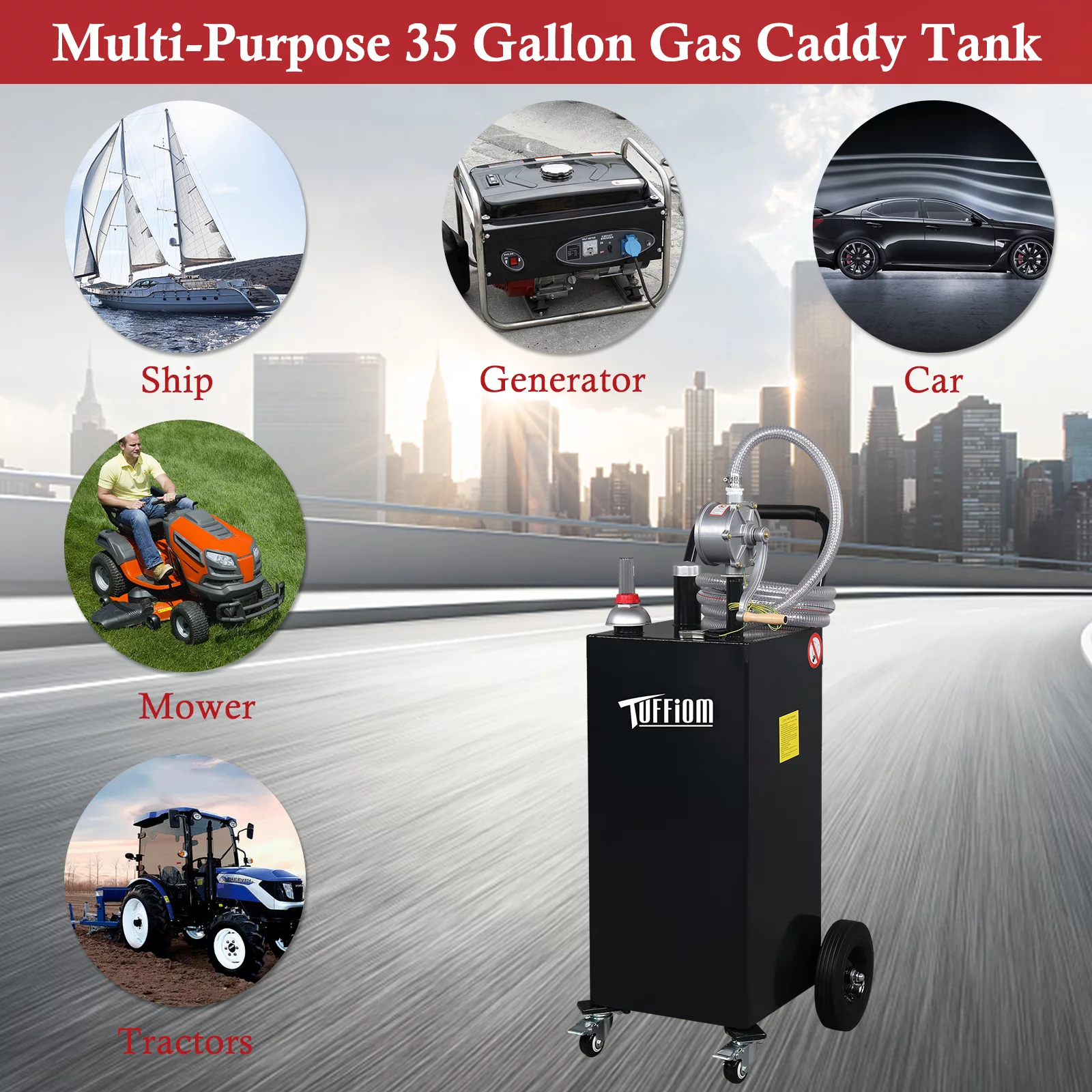 TUFFIOM 35 Gallon Gas Caddy with Hand Pump & Wheels, Gasoline Diesel Transfer Tank