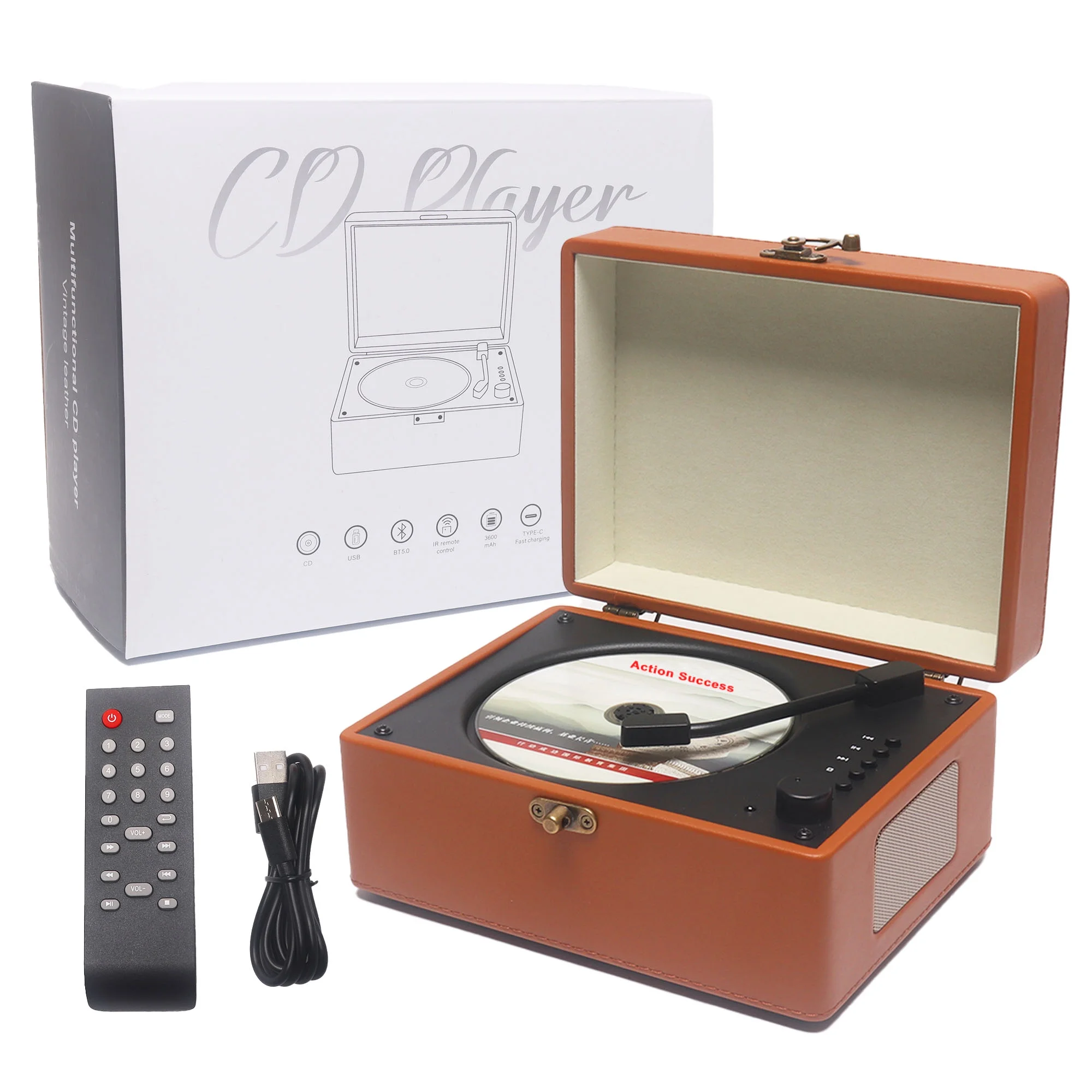 2024 NEW Wireless Bluetooth CD Player with Built-in Speaker and USB Playback Retro Design, Rechargeable Battery - Perfect for Music Lover(Brown)