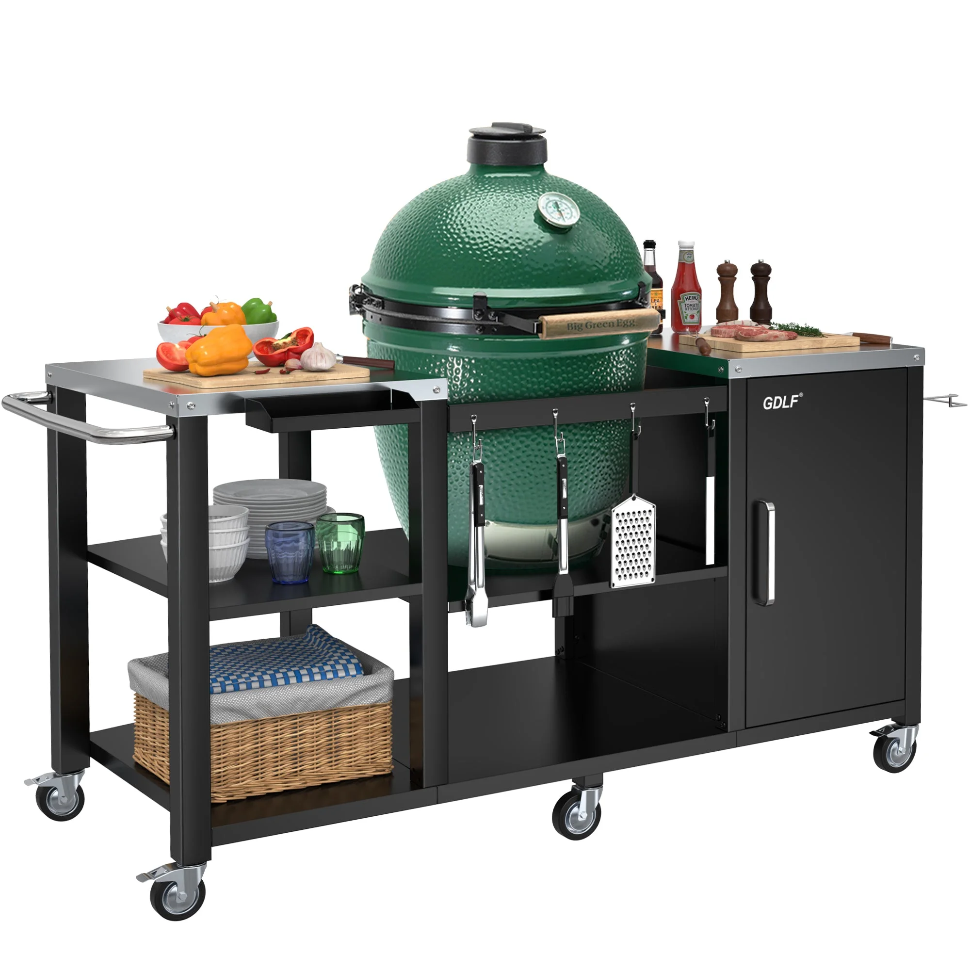 GDLF Table Compatible with Big Green Egg Grill Heavy Duty Metal Green Egg Stand with Accessories Storage
