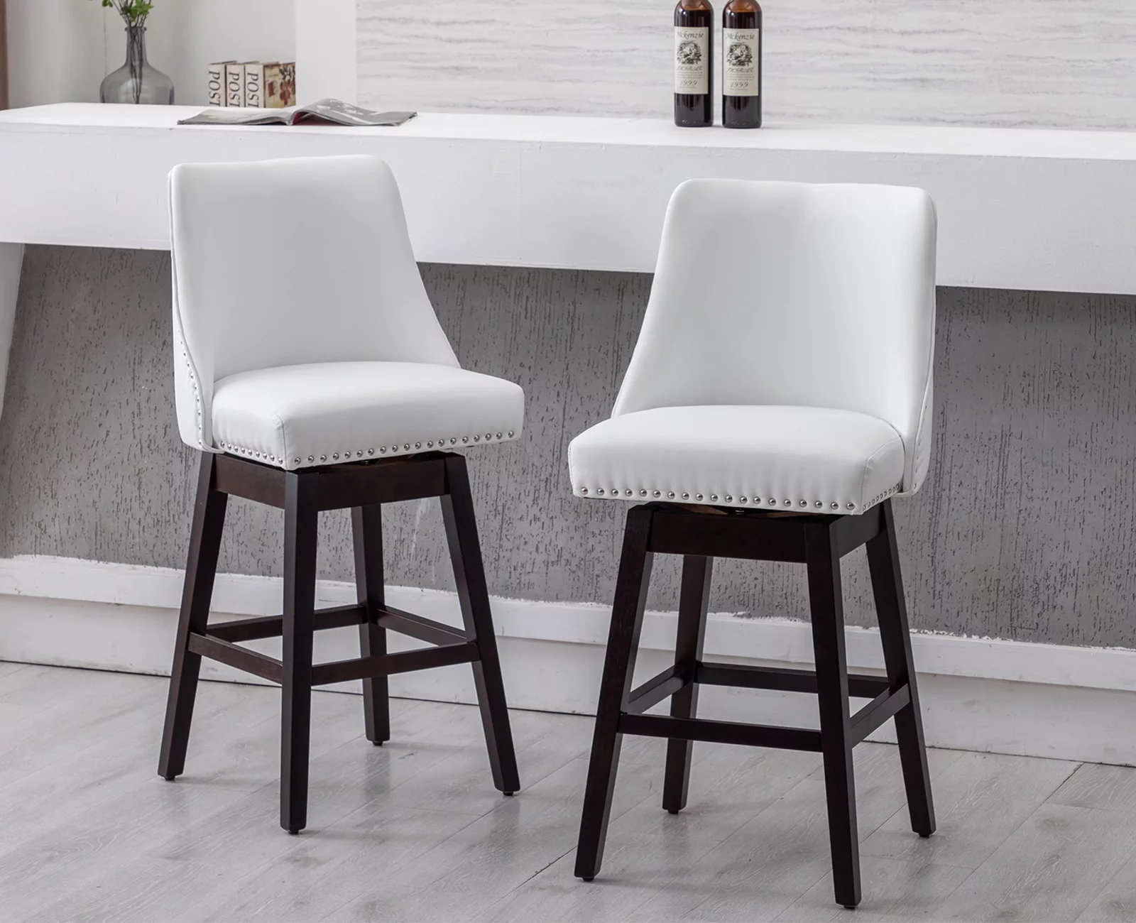 Guyou 27.5 Inch Swivel Bar Stool Set of 2, Nailhead Trim Faux Leather Upholstered Counter Height Chair with Backrest and Wooden Legs for Kitchen Island Bistro Restaurant, White