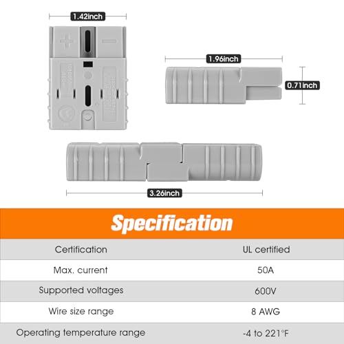 10 Pcs 6-8 Gauge 50 Amp Battery Quick Connect/Disconnect, Jumper Cable Plug Connector Kit for Recovery Winch, Forklift, Towing Systems(Grey)