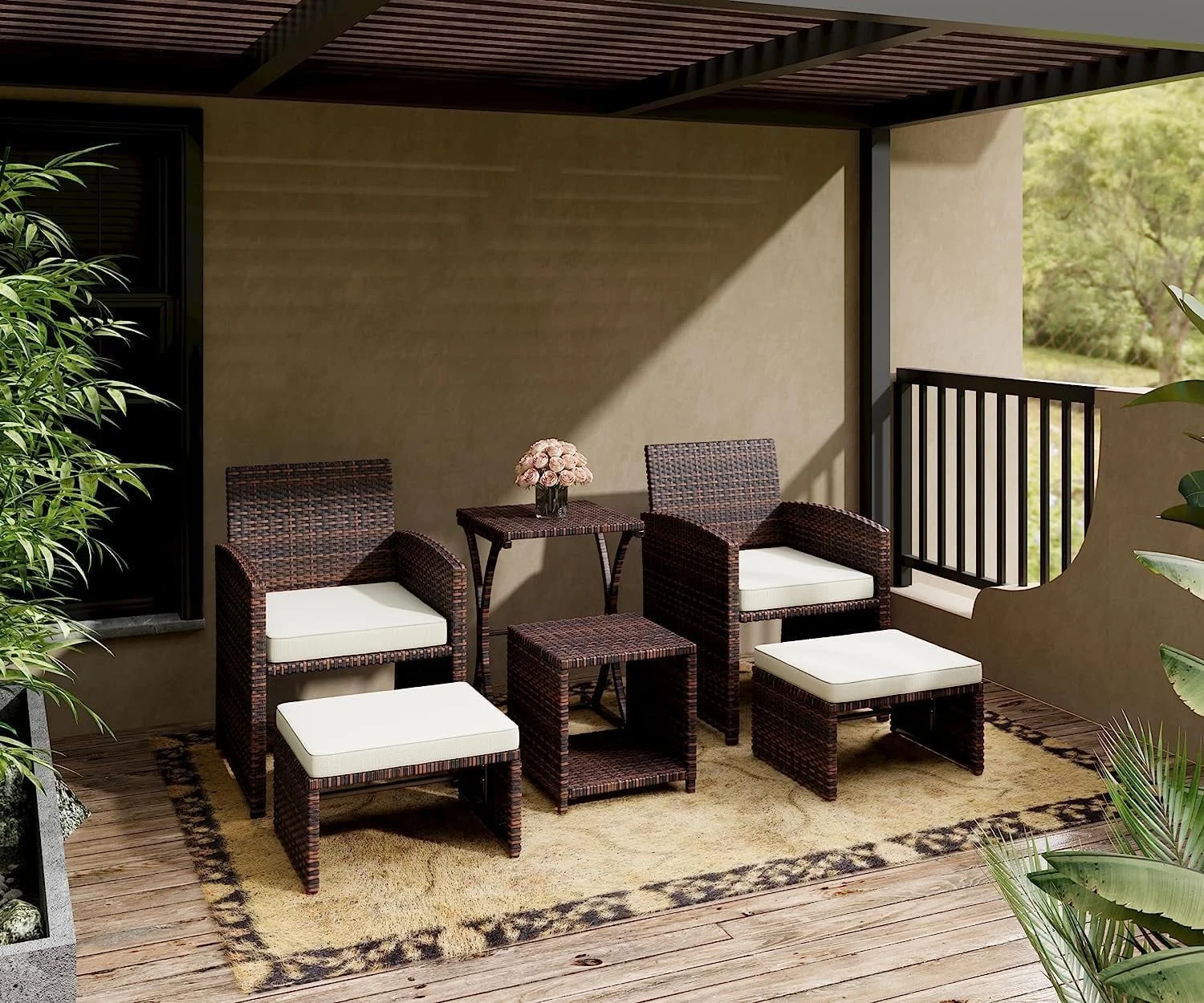 6 Piece Patio Furniture Conversation Set with Ottoman, Outdoor Brown Wicker Chair and Table Set with Beige Cushion, Balcony Furniture for Apartments. (Brown)