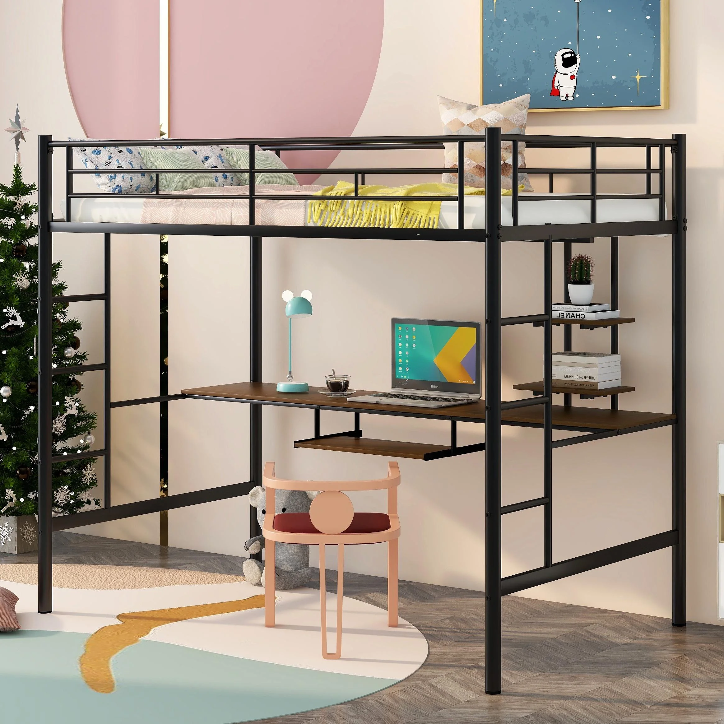Bellemave Full Size Loft Bed with Desk and Shelves, Metal Loft Bed Frame with Built-in 2 Ladders, Saving Space Loft Beds Full for Kids Teens Adults-Black