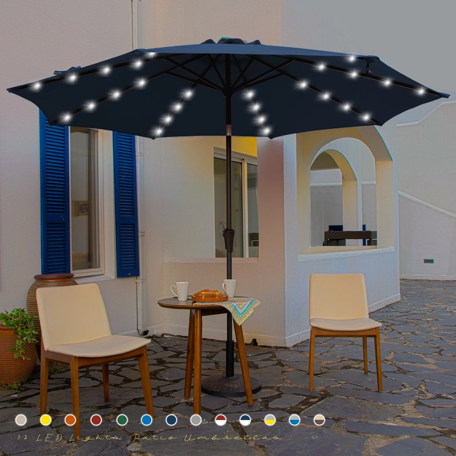 Serwall 10 ft Patio Umbrella for Table, Outdoor Sun Umbrella with LED Solar Lights, Navy Blue