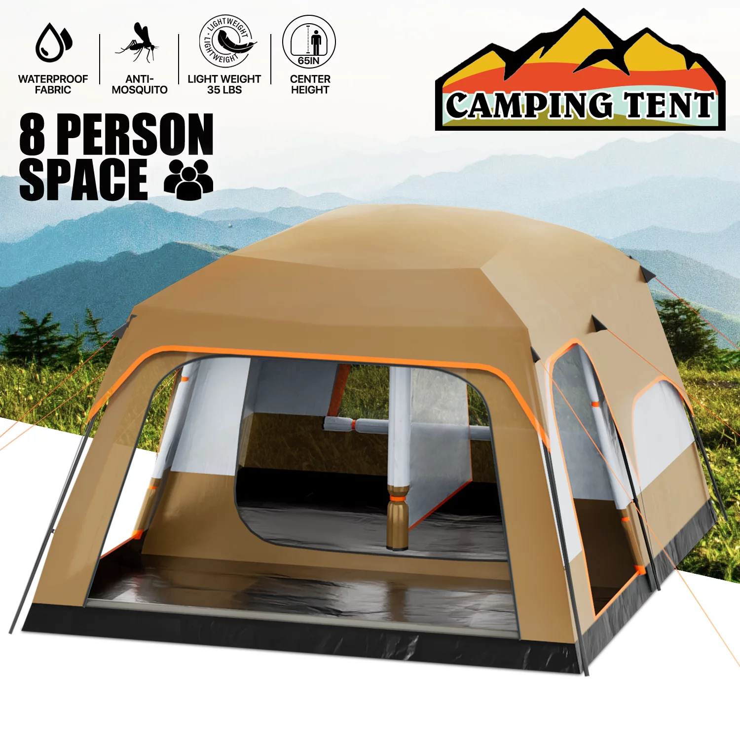 MoNiBloom Extra Large Tent 5-8 Person, Family Cabin Tents with 2 Rooms and 3 Doors, Waterproof Double Layer Big Tent for Outdoor, Picnic, Camping, Friends Gathering, Coffee