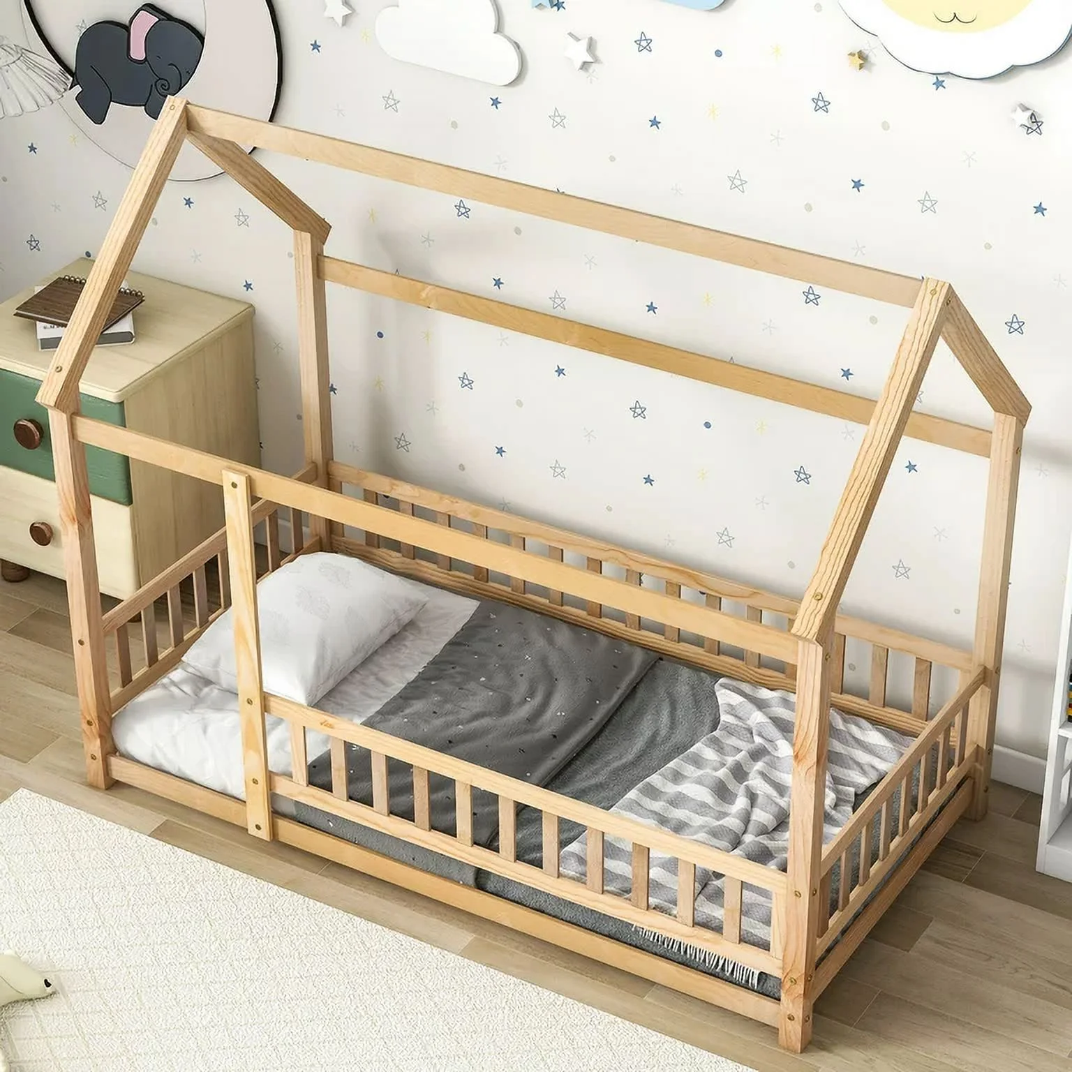 Twin Size House Floor Bed, Wood Montessori Bed Frame with Fence Guardrails, House Beds for Toddler Kids Girls Boys（Twin,Natural)