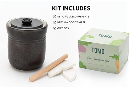TOMO Fermentation Crock with Weights - Ceramic Sauerkraut Pickling Crock - Stoneware Kombucha Brewing (7L)
