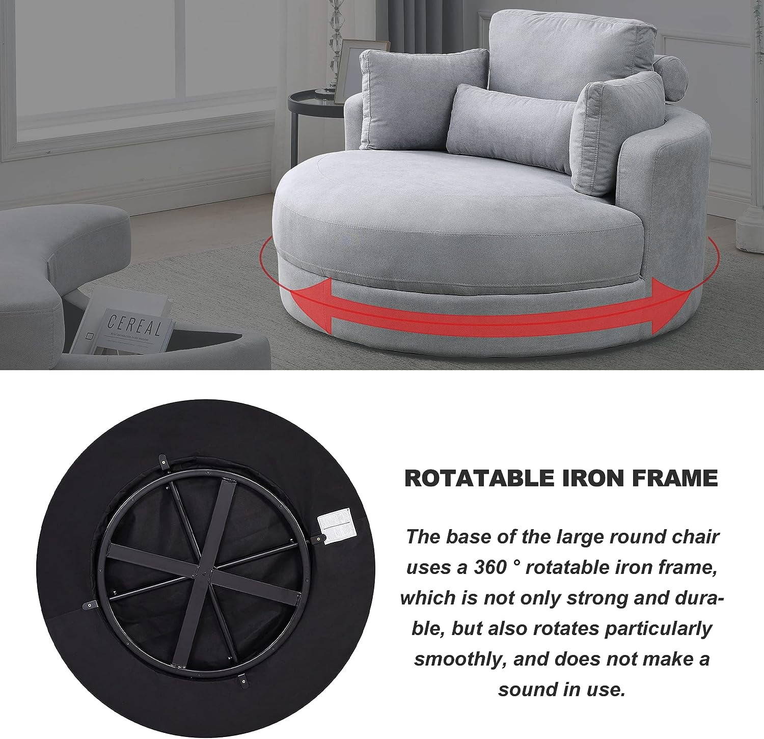 Gxcevsou 51''W Oversized Swivel Chair with Moon Storage Ottoman, Modern Accent Round Loveseat Circle Barrel Chairs Bedroom Cuddle Sofa Lounger Armchair, 4 Pillows, Linen Fabric, Light Gray