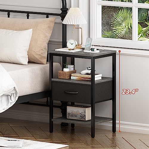SUPERJARE Nightstand with Charging Station, Bed Side Table with Adjustable Fabric Drawer, Night Stand for Bedroom, 3-Tier Storage End Table, for Living Room, Rustic Brown and Black