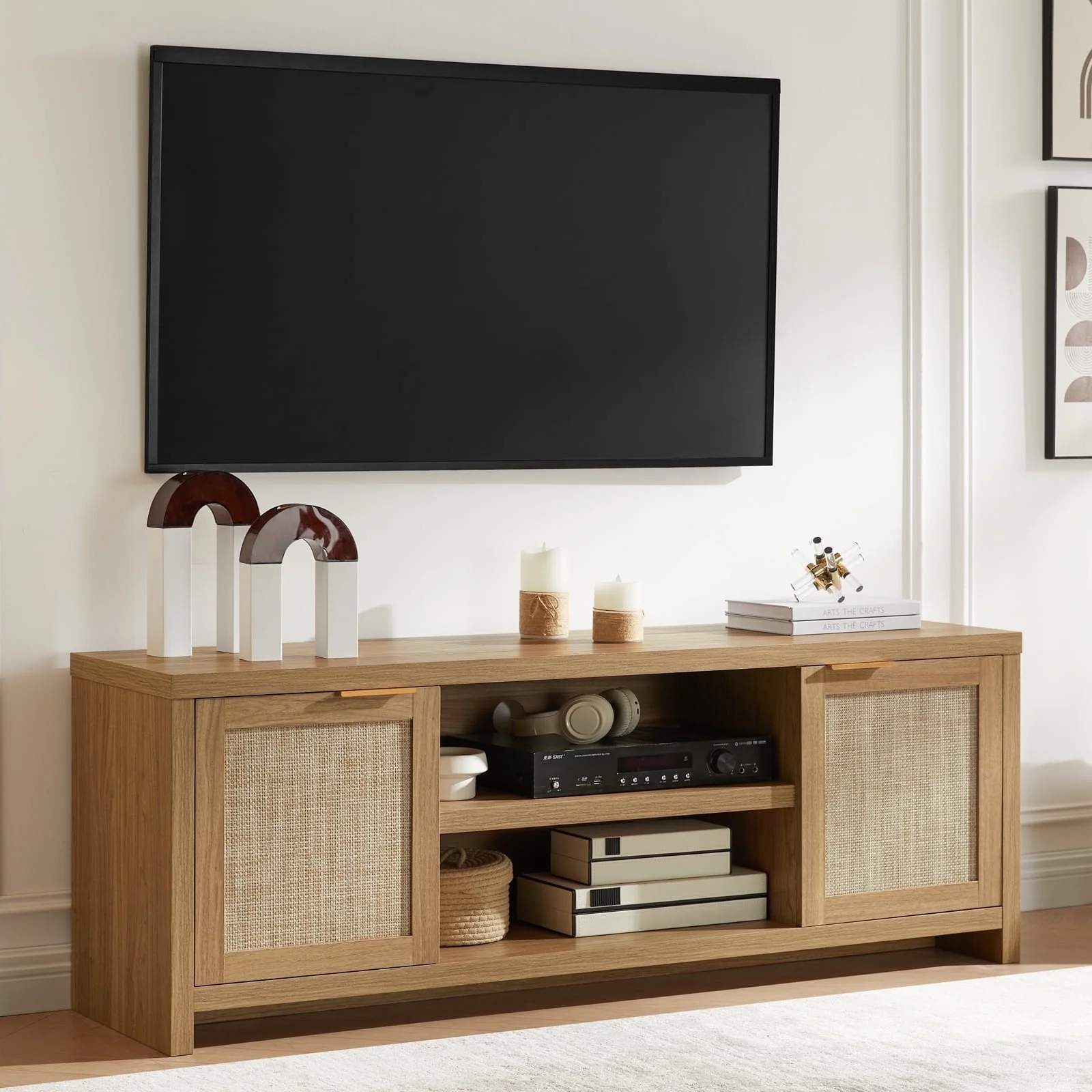 OAKHAM Farmhouse Rattan Tv Stands, Entertainment Center for TVs up to 65
