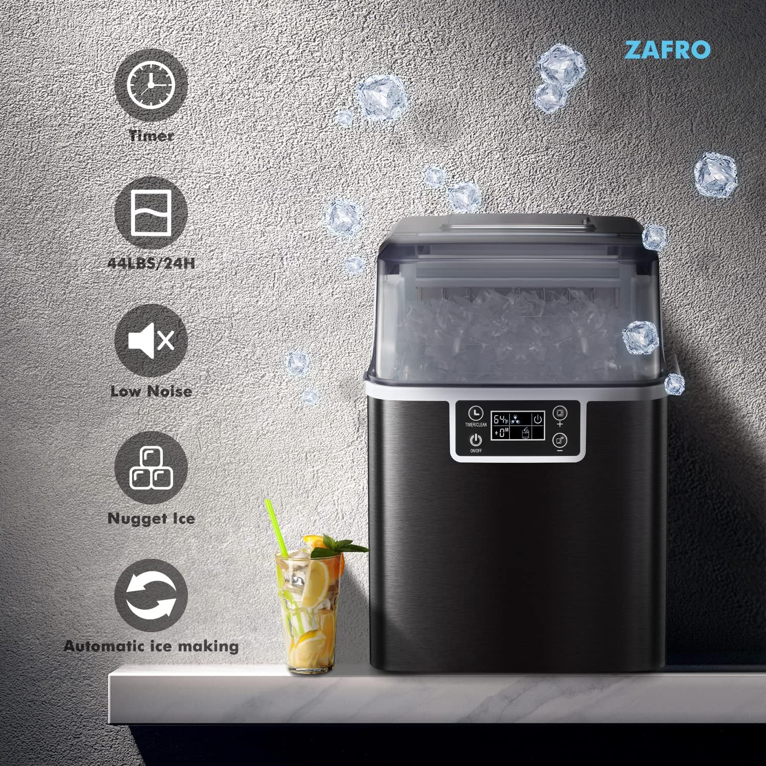 ZAFRO Countertop Ice Maker with Self-Cleaning, High-Efficient Square Ice Maker Machine, 2 Way Add Water, 45 Lbs/Day, 24Hrs Timer,Compact for Home Party Bar RV,Black