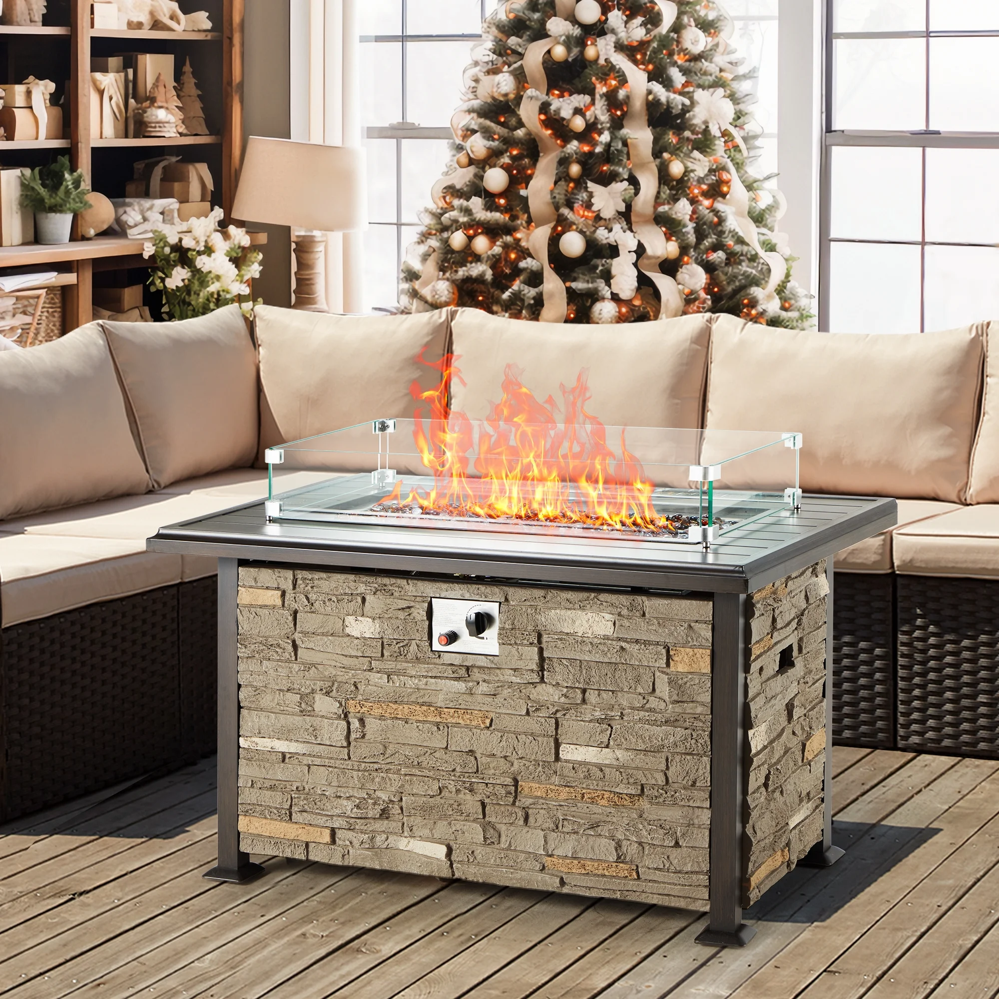 Homrest 44 Inch Aluminum Propane Fire Pit Table w/ Faux Ledgestone, Hand-Painted Table Top, 50,000 BTU Fire Table w/ CSA Certification,Wind Guard,Waterproof Cover for Outdoor,Patio,Christmas (Gray)