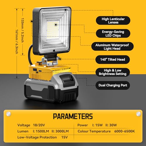 LIVOWALNY 18V Work Light for Milwaukee 18V Battery, 30W 3000LM Cordless Battery Light, LED Flood Light Flashlight Tools 140° Adjustable Head with USB & Type C Charging Port (No Battery)