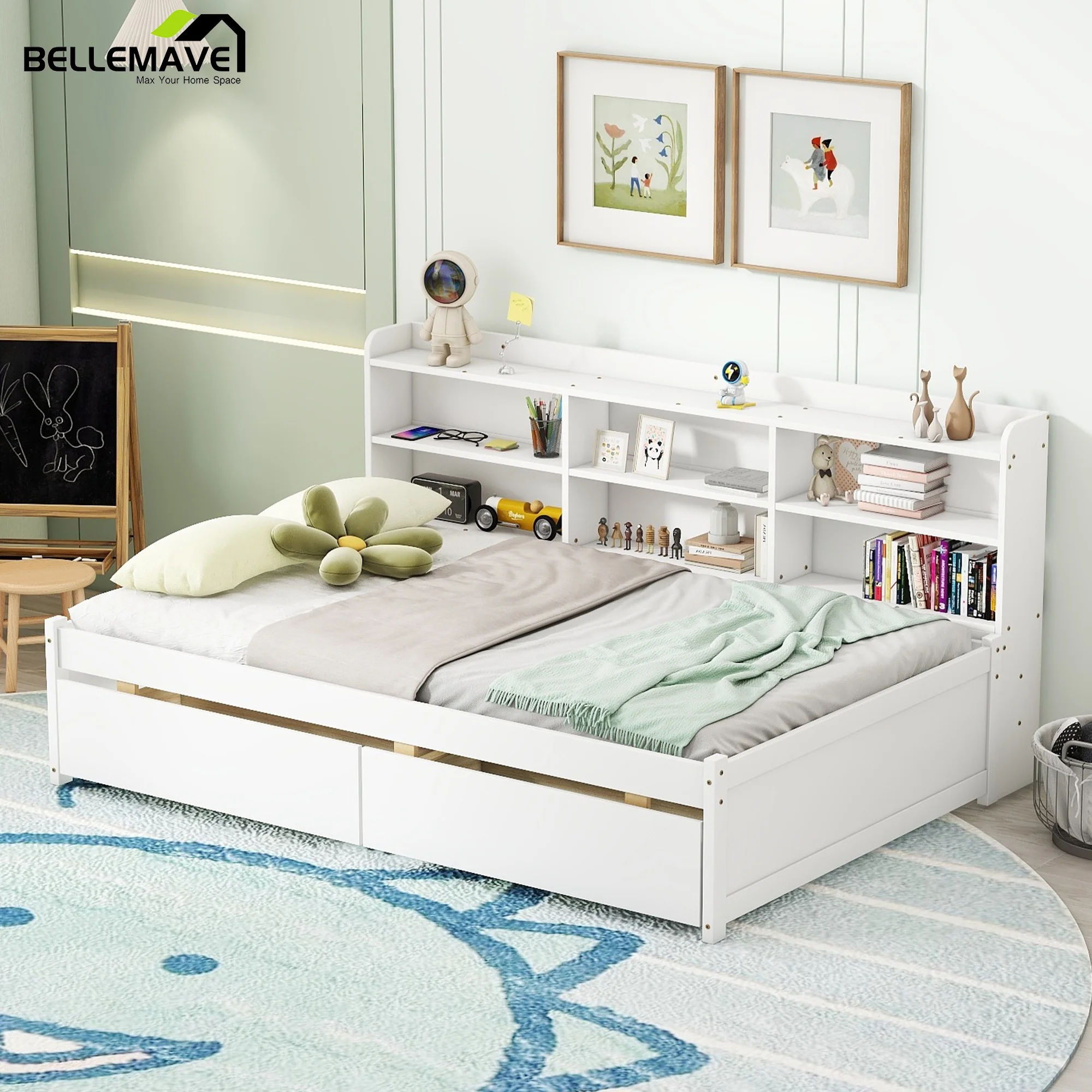 Bellemave Full Size Platform Bed with Bookcases and Drawers Space Saving Full Storage Platform Bed Frame with Built-in Shelves for Kids, Teens, Boys, Girls, No Box Spring Needed, Gray