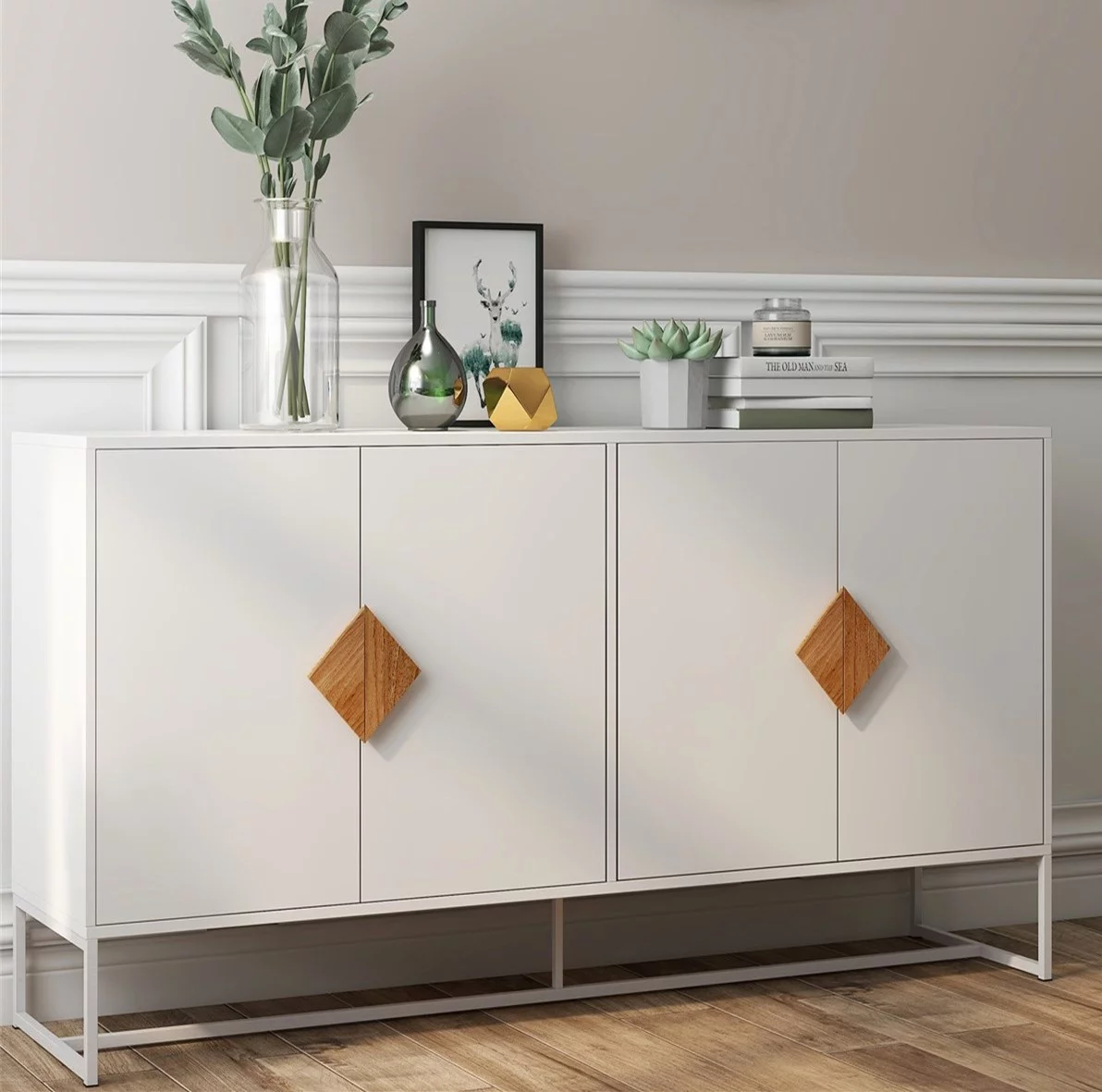 Astarth Storage Sideboard Cabinet White Modern 4 Doors Kitchen Buffet Cabinet Television Tables Entryway Cupboard Furniture with Solid Wood Square Handles and Metal Legs