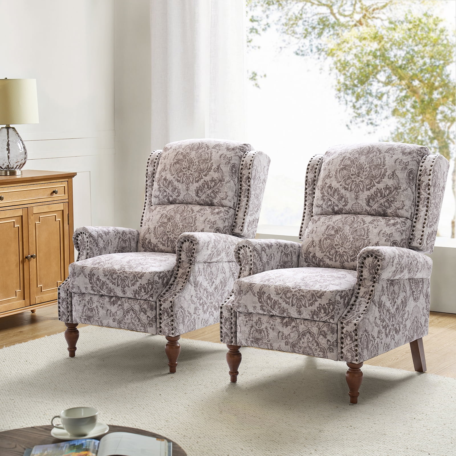 Recliner Chairs Push Back Set of 2 Upholstered Mid Century Wingback Armchairs Fabric Sofa Home Theater Couches Wood Legs Home Living Room Beige Pattern