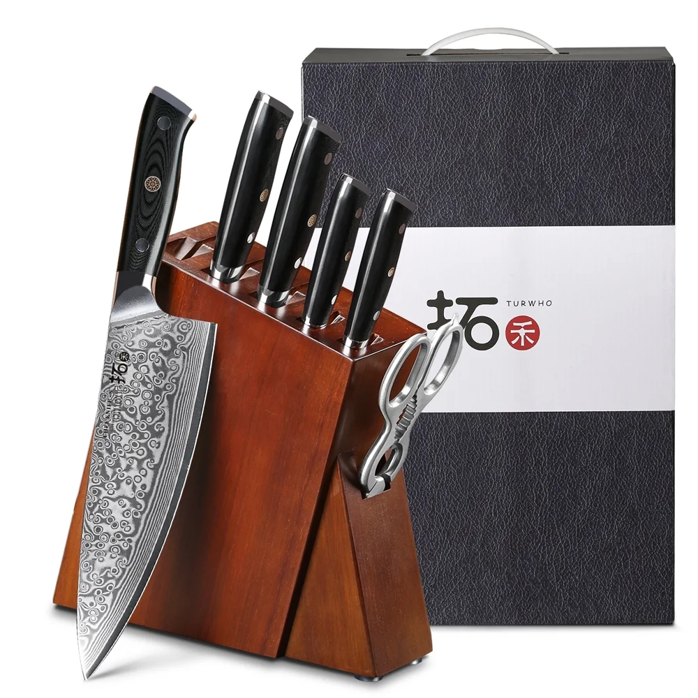 7Pcs TURWHO Kitchen Knife Block Set 67-layer Japanese VG10 Damascus Steel Santoku Chef Knife Set Storage With G10 Handle