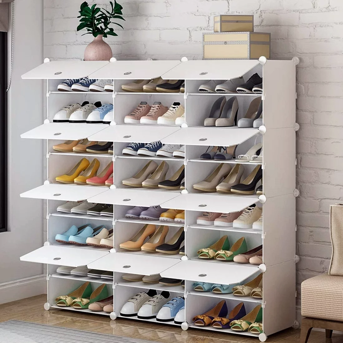 UBesGoo 12 Cubes Stackable Shoe Storage Cabinet Boxes Expandable 8 Tiers Entryway Shoe Rack Shelf Tower Stand 48 Pairs Closet Shoe Storage Organizer for Hallway Bedroom White