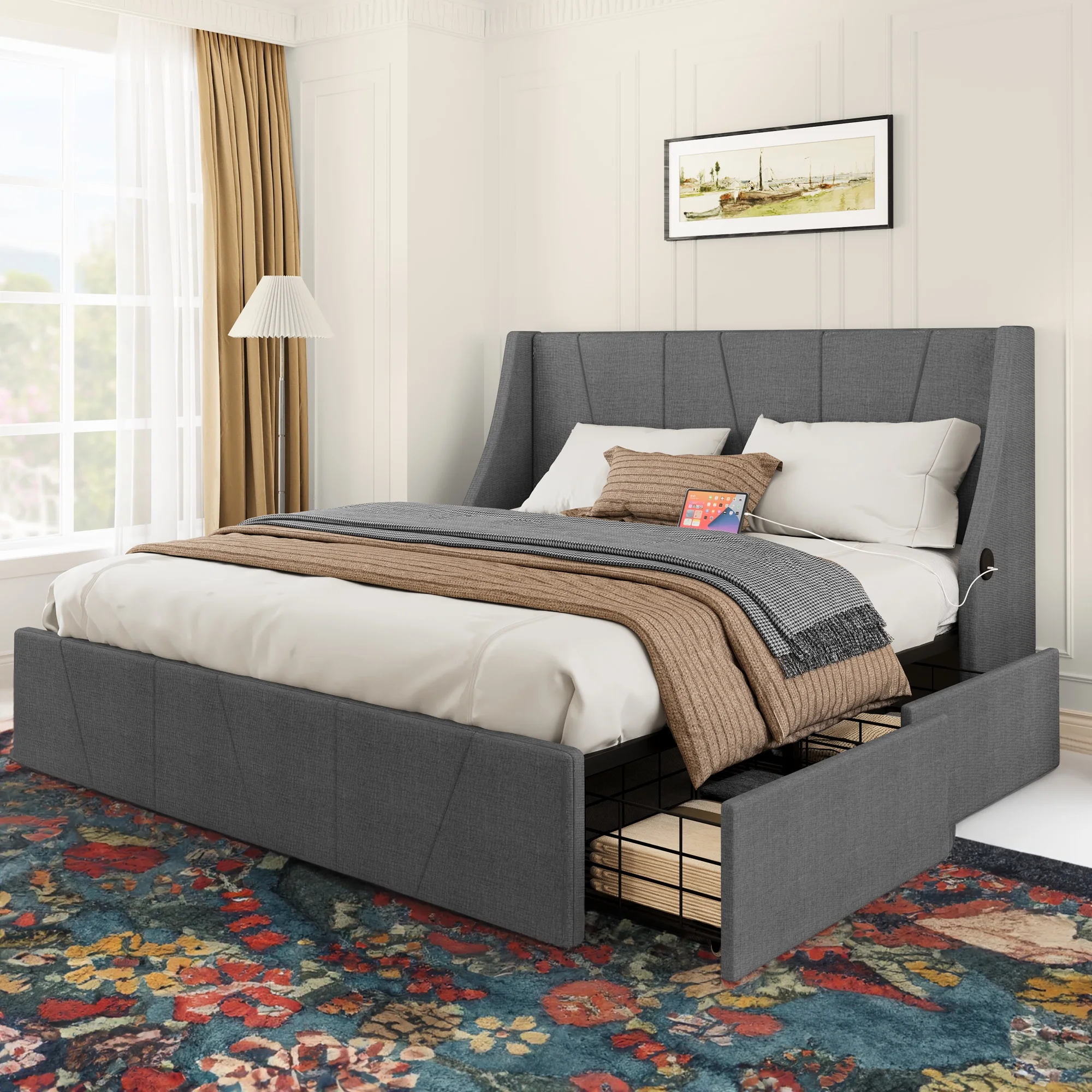 Dextrus Queen-Sized Bedstead, Bed with Quadruple Storage Drawers & Padded Headrest, Sleigh Bed Structure with Broad Wingback Design Featuring USB & Type-C Outlets, Box Spring Unnecessary, Gray