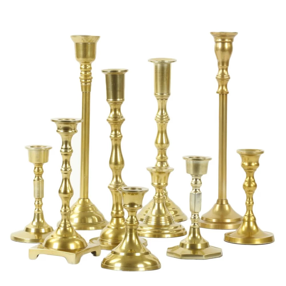 Koyal Wholesale Gold Mixed Taper Holders, Set of 10, Mismatched Metal Candlesticks Set