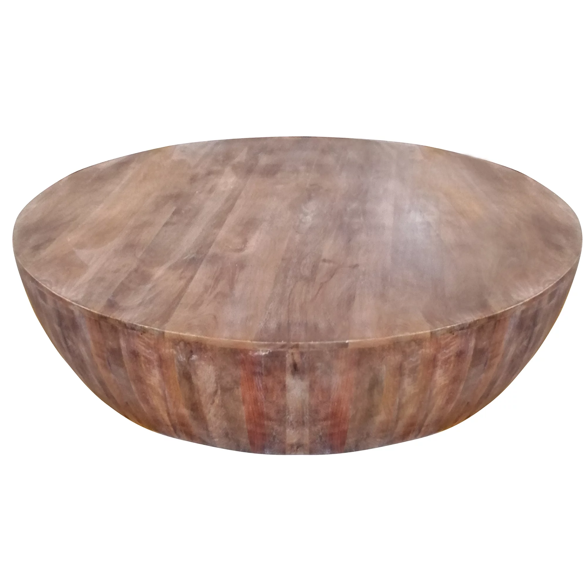 Handcarved Drum Shape Round Top Mango Wood Distressed Wooden Coffee Table, Brown- Saltoro Sherpi