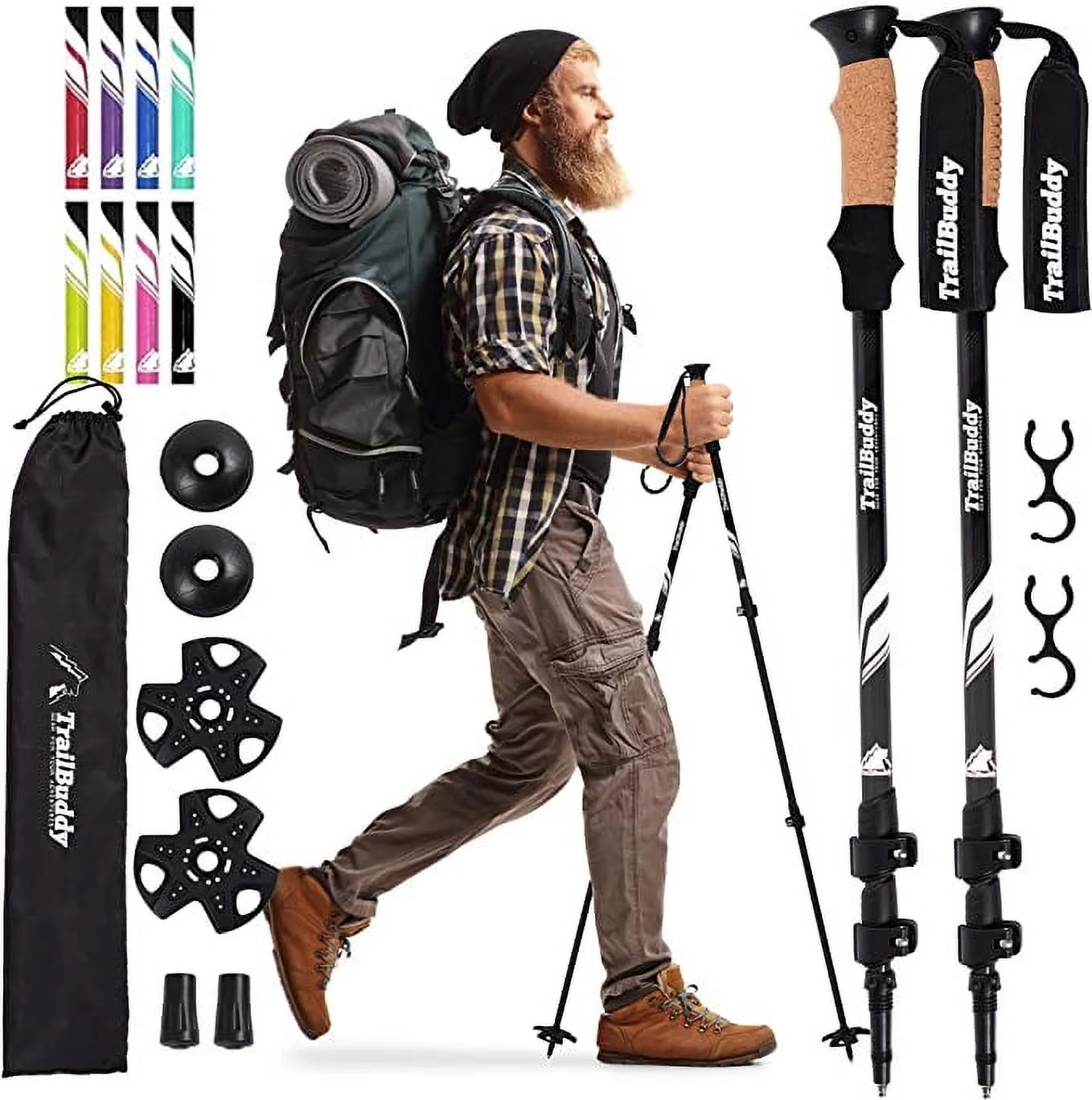 TrailBuddy Lightweight Aluminum Trekking, Hiking Poles, Walking Sticks - Adjustable 24.5 to 54 in. (Black)