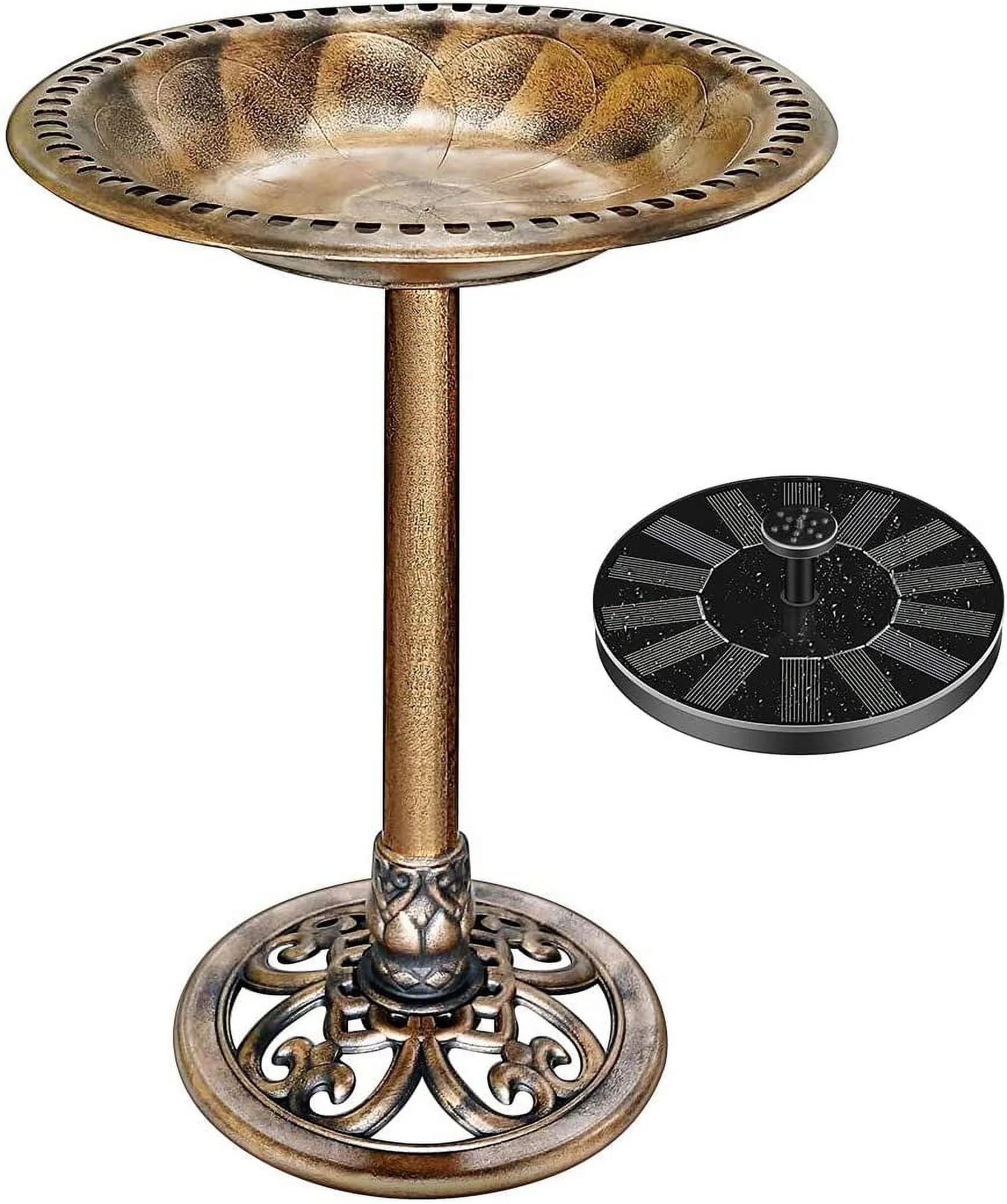 SPECSTAR Bird Bath, Polyresin Antique Outdoor Golden Garden Birdbath and Solar Powered Round Pond Fountain Combo Set