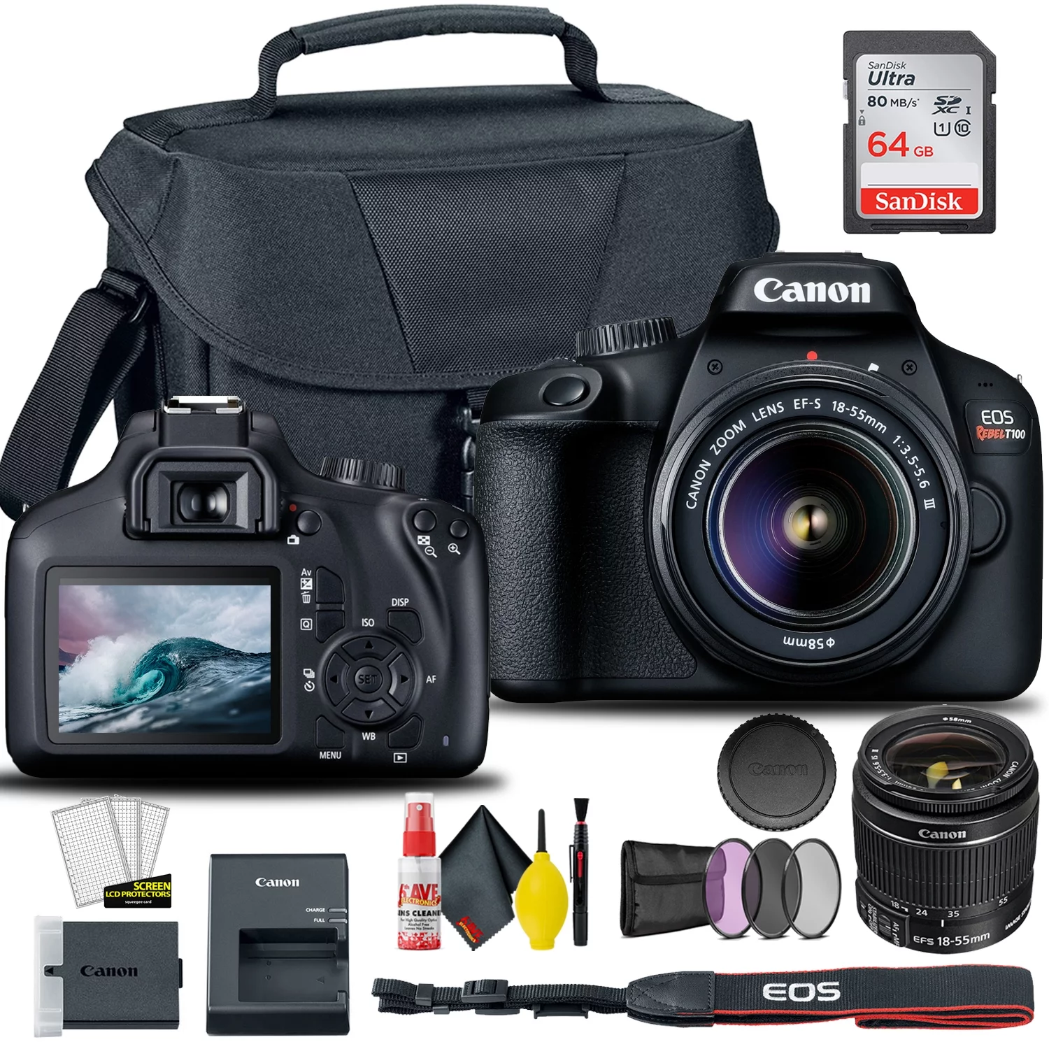 Canon EOS 4000D / Rebel T100 DSLR Camera with 18-55mm Lens + Creative Filter Set, EOS Camera Bag + SanDisk Ultra 64GB Card + 6AVE Electronics Cleaning Set, and More (International Model)