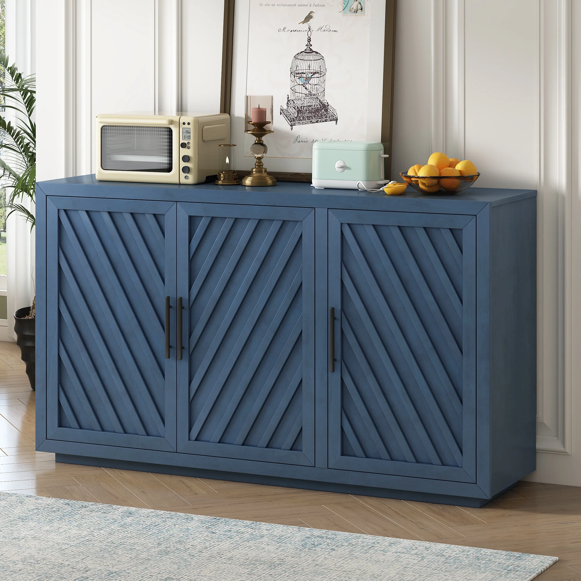 Churanty 3 Doors Large Storage Vintage Sideboard Cabinet, 60'' Retro Sideboard with Adjustable Shelves, Solid Wood Buffet Table for Kitchen Dining Room Hallway Entryway,Antique Blue