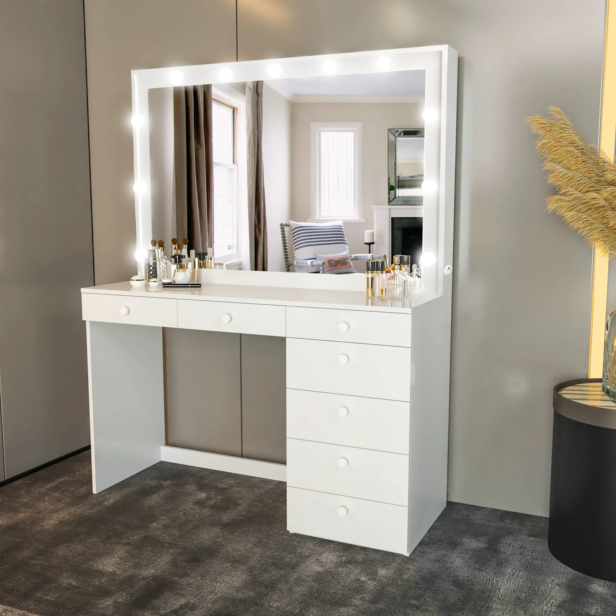 Boahaus Modern Lighted Vanity Set, White Finish, with Mirror for Bedroom, Basic Knobs
