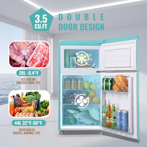 WANAI Compact Mini Refrigerator 3.2 Cu.Ft Small Refrigerator with Freezer, Retro Mini Fridge with Dual Door,7 Adjustable Thermostat, Adjustable Shelves For Dorm, Office Bedroom