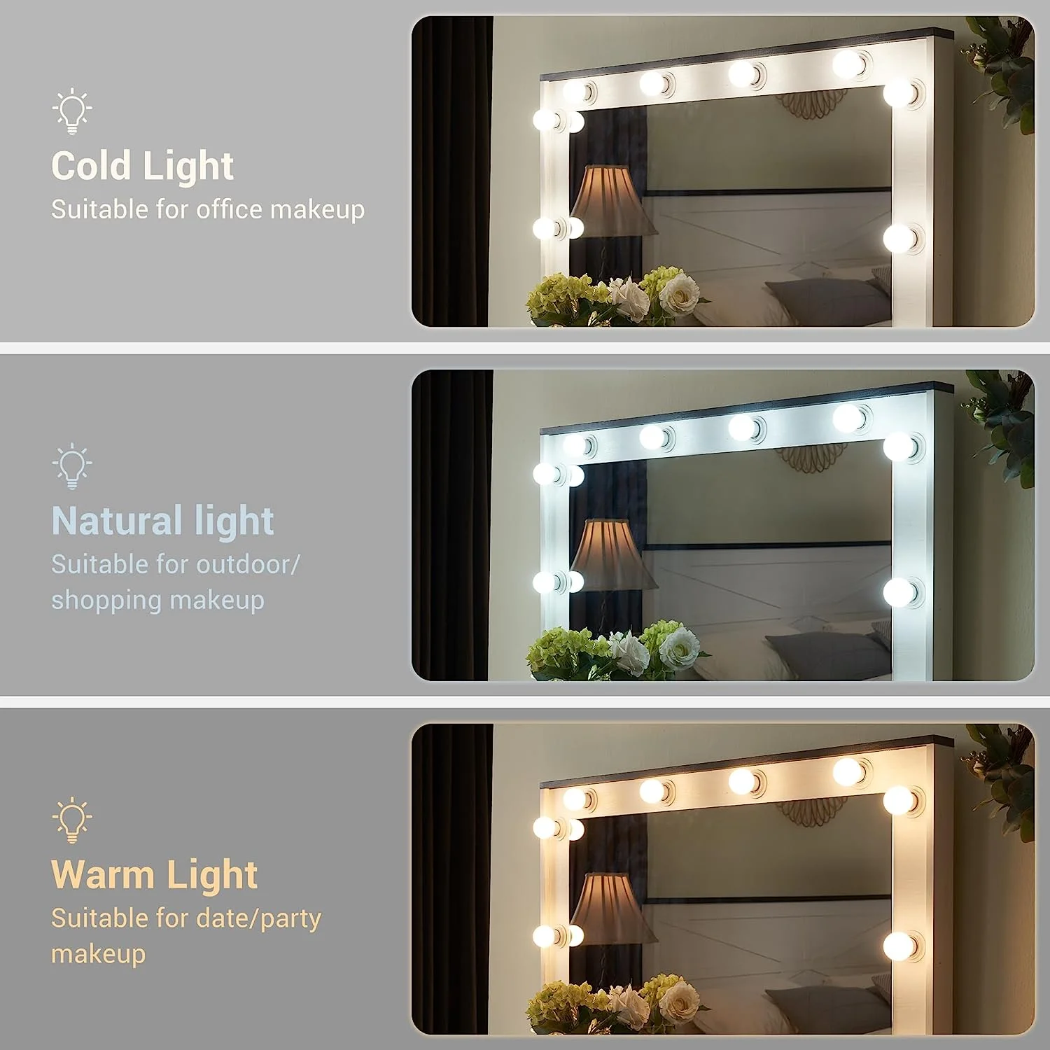 T4TREAM Farmhouse Modern Vanity Table with Mirror LED Lights Makeup Table Dressing Desk with 3 Drawers and Stool for Women Girls White