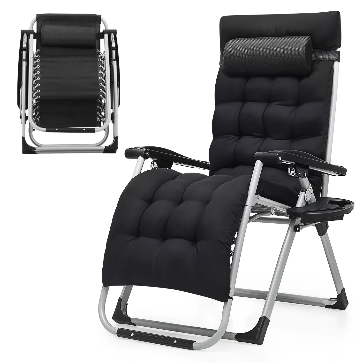 MoNiBloom Reinforced Zero Gravity Chair, Folding Pool Beach Lounger, Chaise with Cushion, Headrest and Side Tray, Black