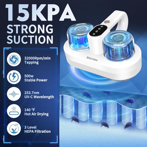 15Kpa Mattress Vacuum Cleaner, Equipped with UV-C Light and ultrasonic Technology, Handheld Bed Vacuum Cleaner, 500W high Power, HEPA Filter, Suitable for deep Cleaning at Home