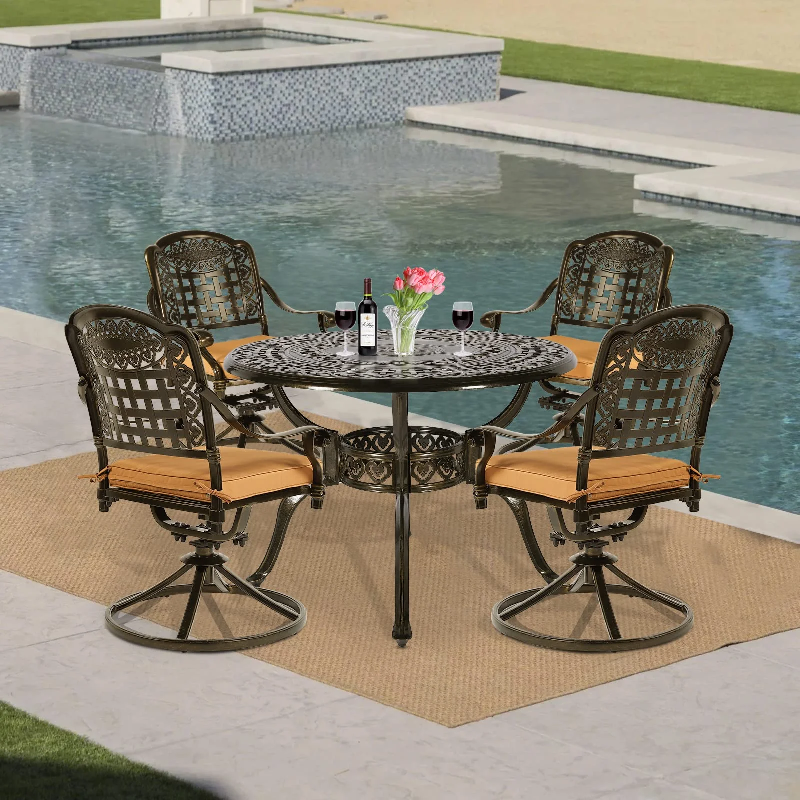 VIVIJASON 5-Piece Outdoor Patio Dining Set, All-Weather Cast Aluminum Conversation Set, Patio Furniture Set for Balcony Lawn Garden, Include 4 Swivel Chairs, a 38.5