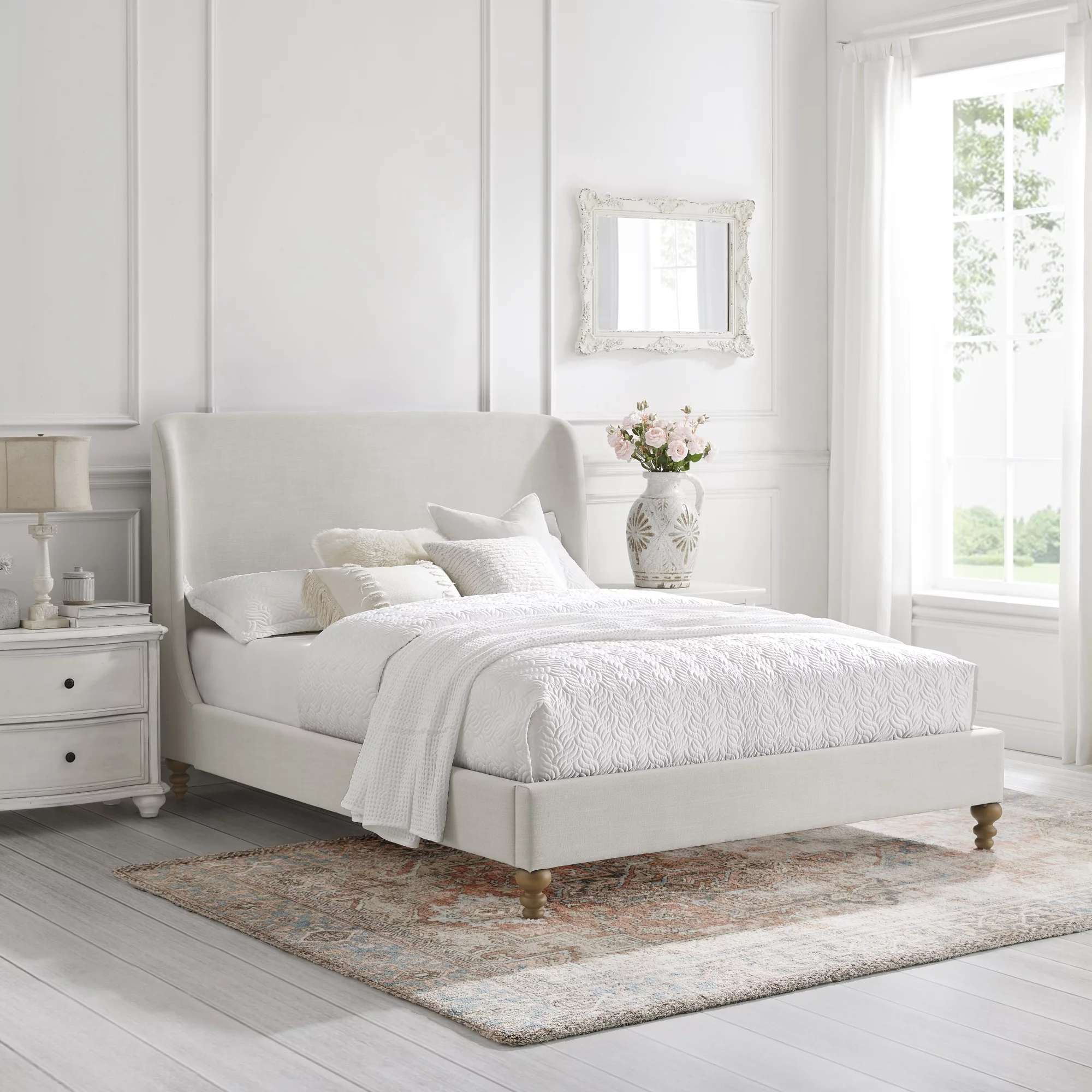 Rustic Manor Bree Tufted Linen Twin Size Bed Frame, No Box Spring Needed, Cream White