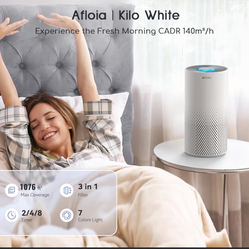 Afloia Air Purifiers for Home Bedroom Large Room Up to 1076 Ft², True HEPA Filter Air Purifier for Pets Dust Pollen Allergies Dander Mold Odor Smoke, 22dB&7 Color Light, Kilo White