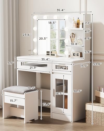 Vanity Desk with Mirror and Lights, Makeup Vanity with Drawer & Storage Shelves, Cabinet, 3 Lighting Modes Adjustable Brightness, Bedroom Dressing Table, White