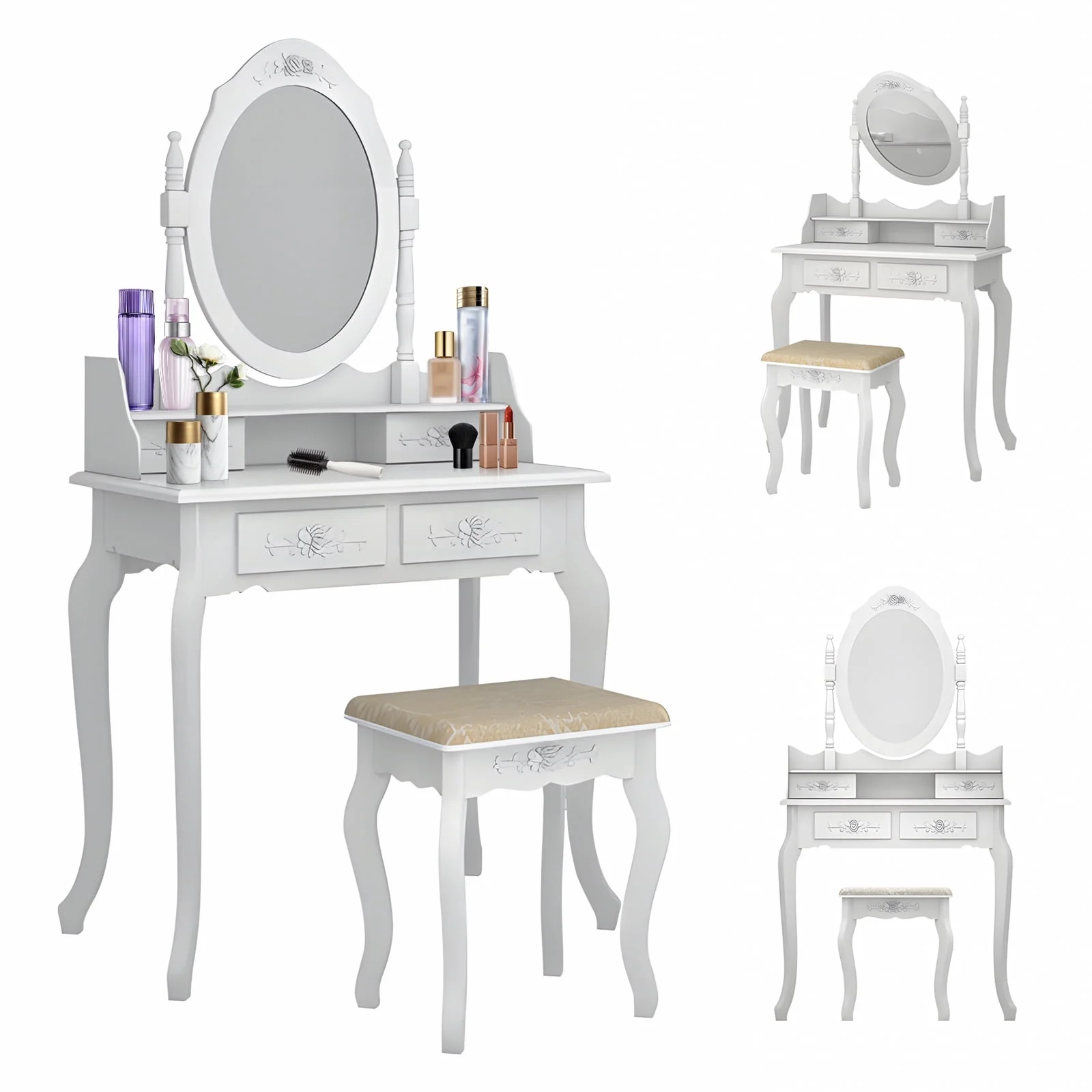 SYTHERS White Dressing Table 360-Degree Rotation Removable Mirror 4 Drawers Vantiy Set for Adult Girls