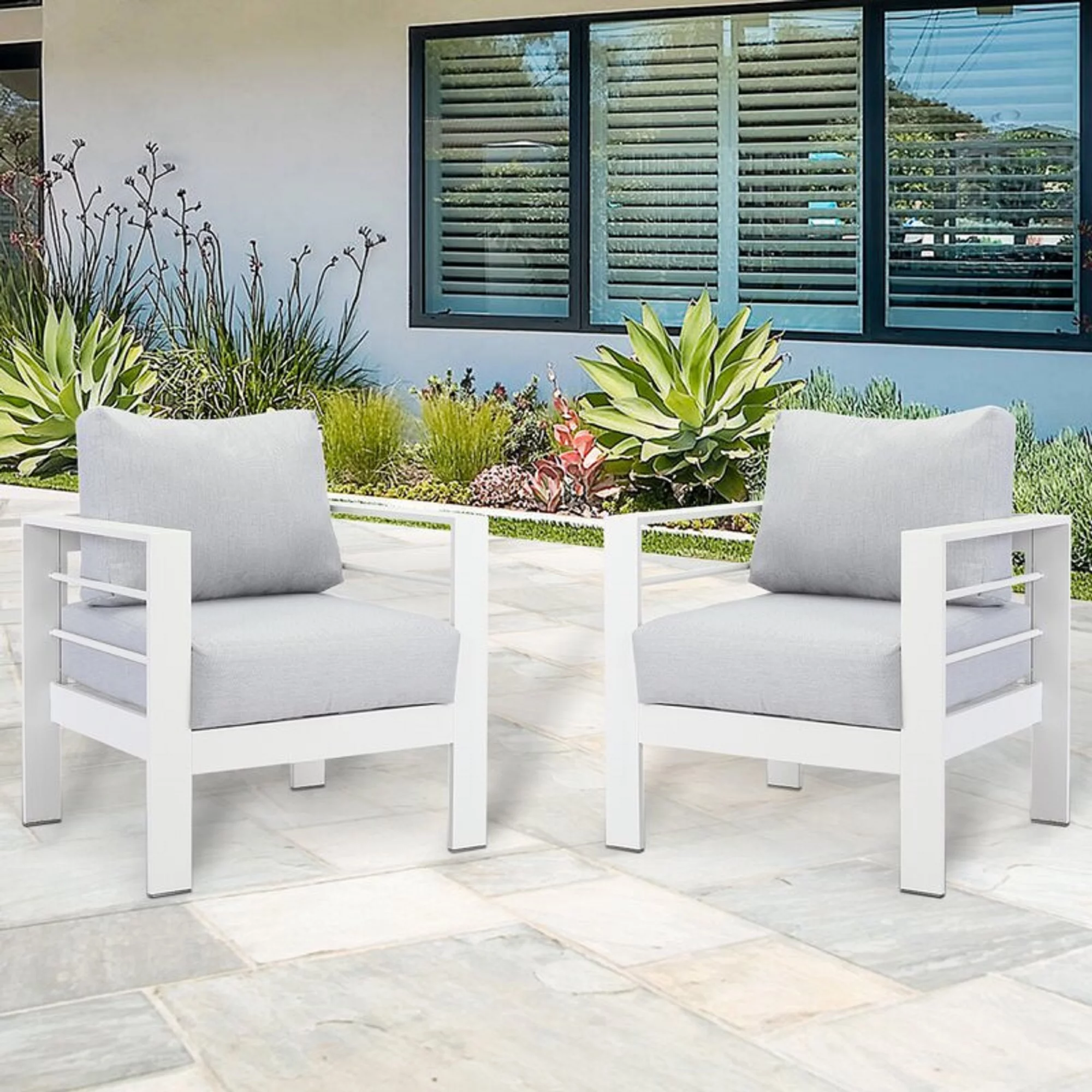 CozyHom 2 Pcs Modern Outdoor Patio Aluminum Sofa Furniture, Outside Metal Patio Sofa Chair With Cushions, White